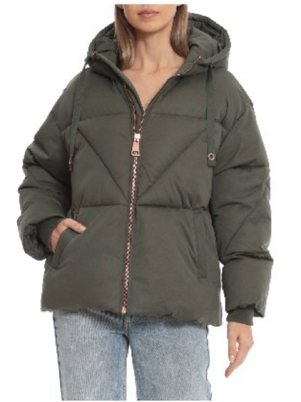 Avec Les Filles Olive Green Hooded Puffer Coat